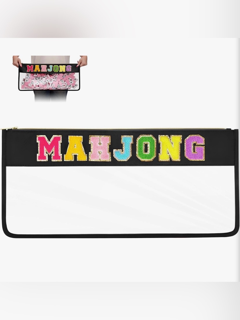 DEVPNR Clear Mahjong Tile Bag w/ Zipper, Black Rainbow Patch Letters, Waterproof